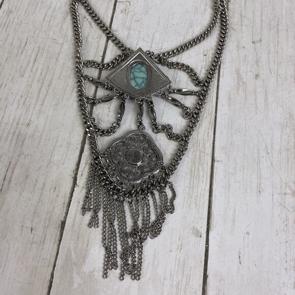 Bohemian Silver Tone Chain Necklace Turquoise & Red Stones Adjustable Length - Picture 7 of 10